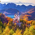 Germany, Bavaria, Swabia, Swabia, Neuschwanstein Castle And Hohenschwangau Castle With Lake Alpsee And Tannheim Mountains