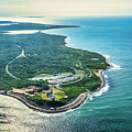 Usa, New York, Long Island, Aerial View Of Montauk Point Lighthouse Surrounded By Green Field And Ocean.
